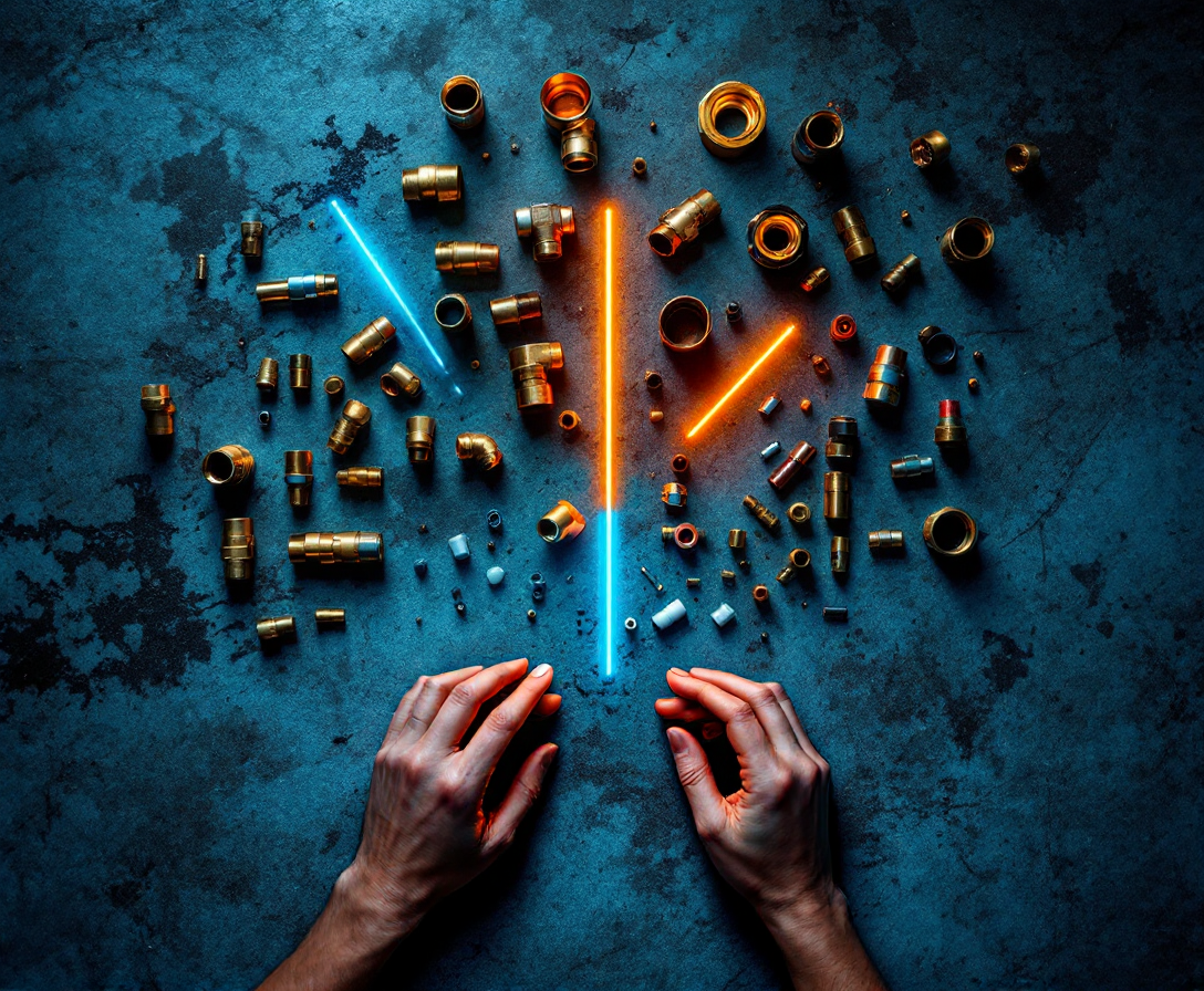 Hands sorting glowing plumbing fittings along three colored axes on a garage floor