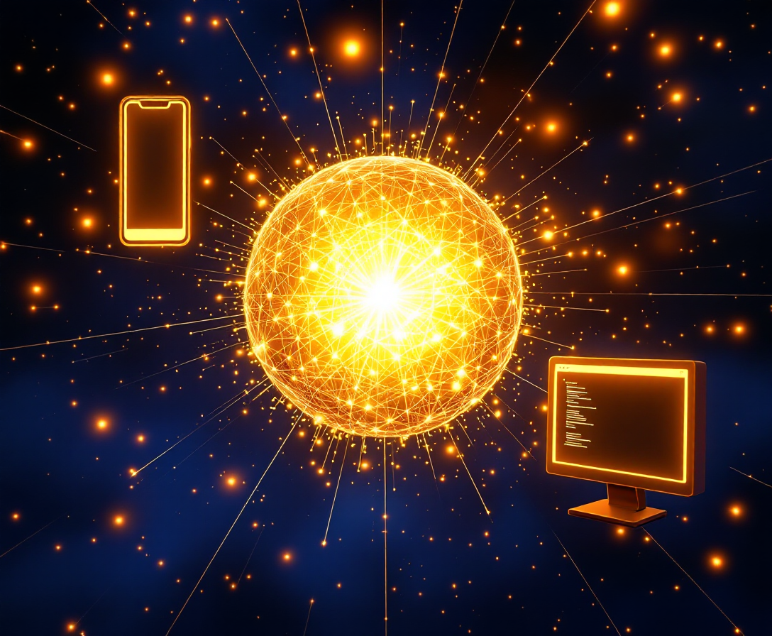 One radiant core of networked light with three windows into it